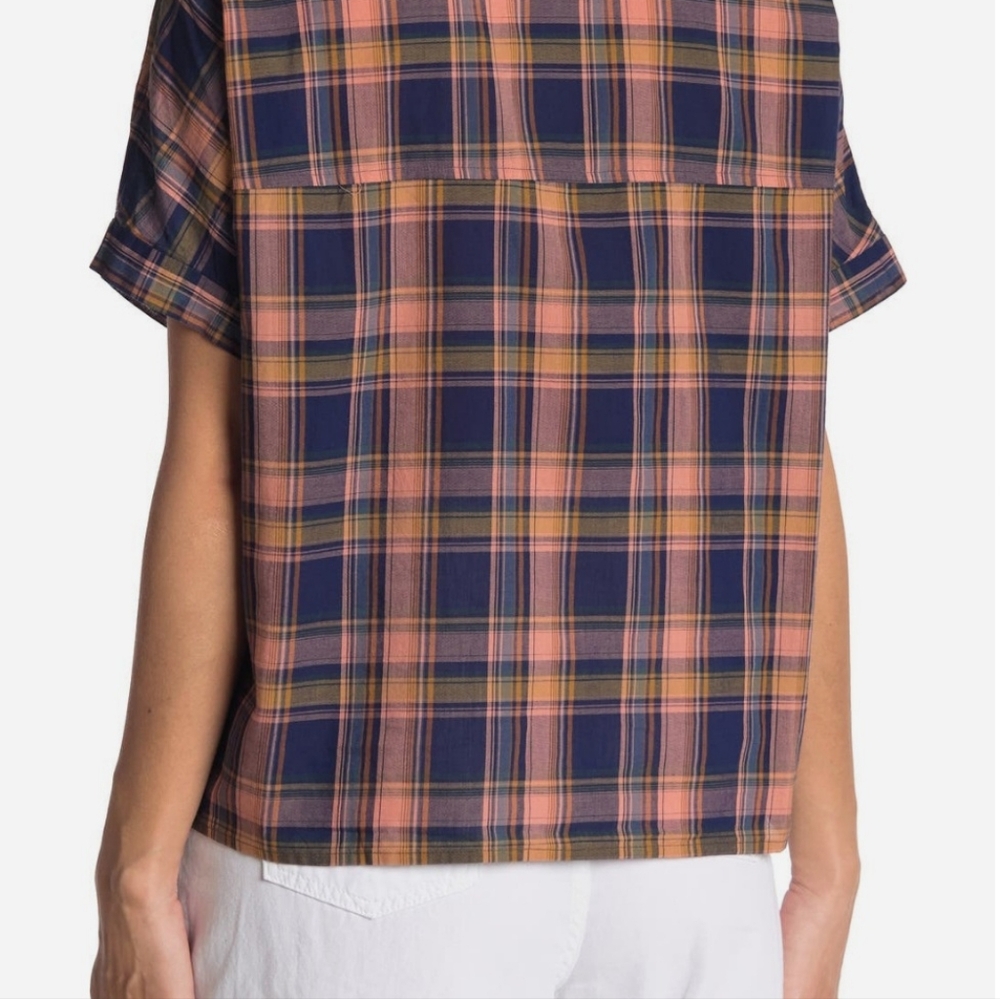 Madewell Plaid Tie Hem Button Front Short Sleeve Shirt Navy Blue Peach Medium - Picture 10 of 12